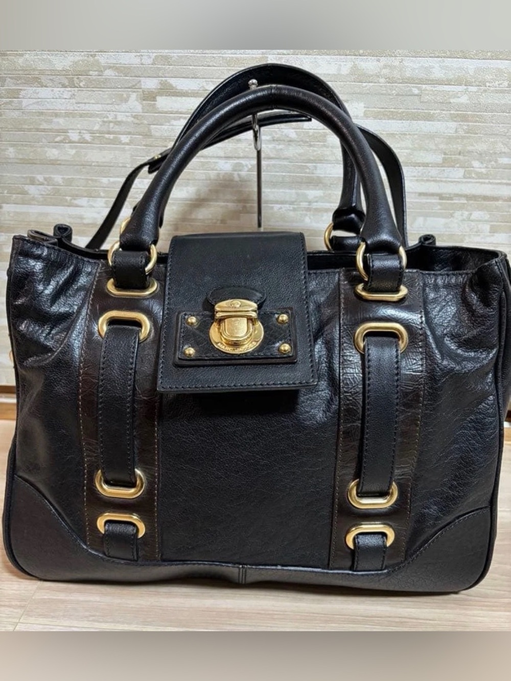 Marc Jacobs Black Leather Satchel with Gold Hardware and Fur Charm